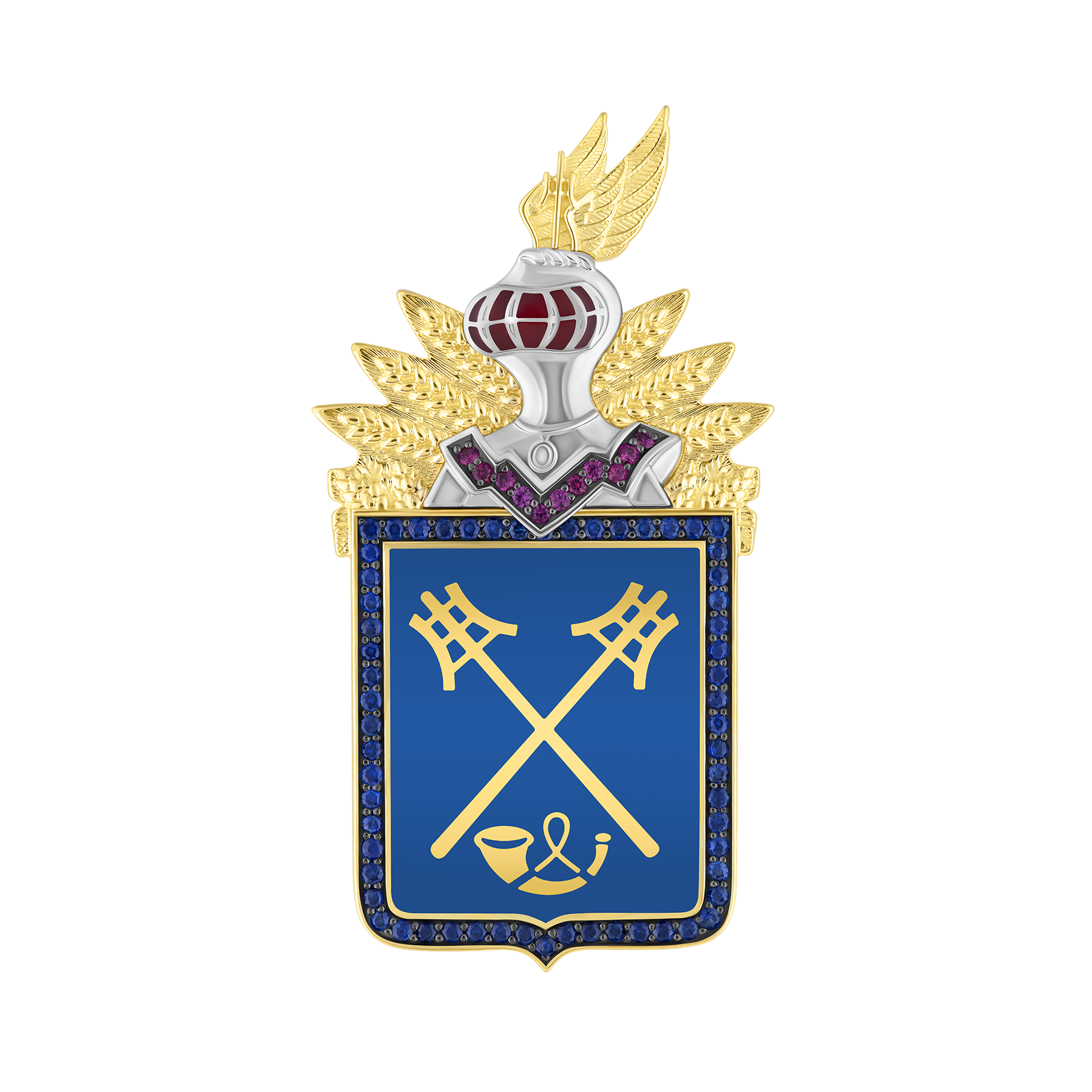 Нагрудный знак с сапфирами и рубинами, жёлтое и белое золото, н.керамика