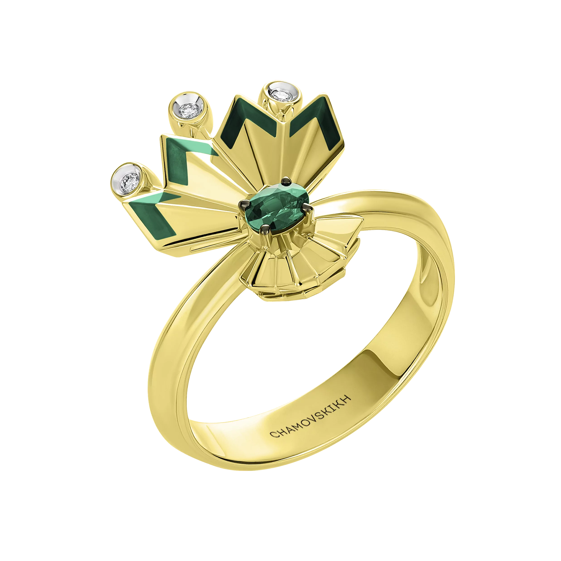 Кольцо с изумрудом и бриллиантами, желтое золото, н.керамика