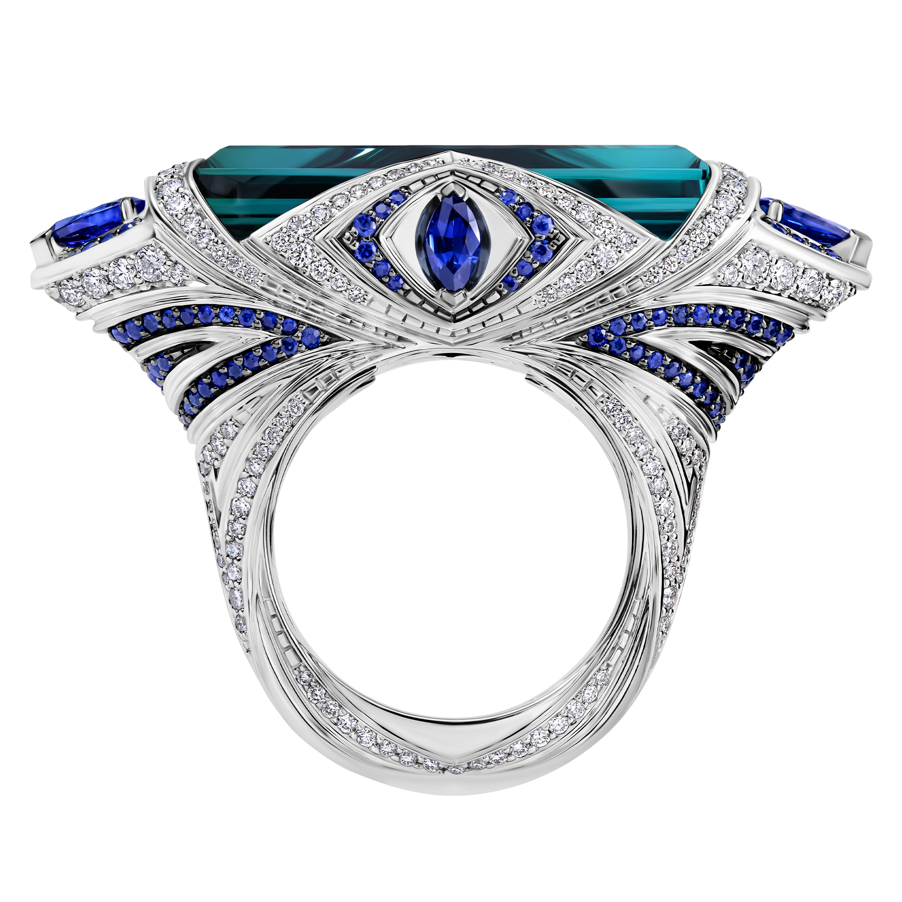 Кольцо с индиголитом, бриллиантами и сапфирами, белое золото