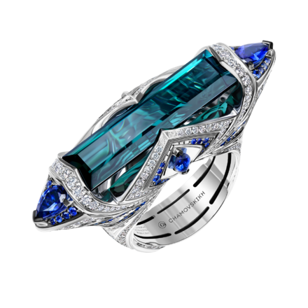 Кольцо с индиголитом, бриллиантами и сапфирами, белое золото