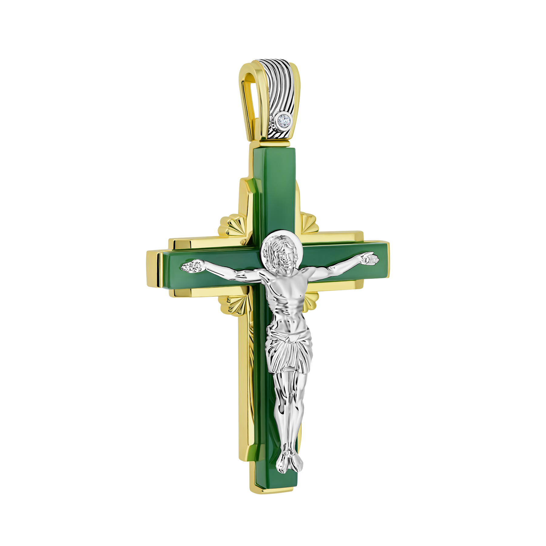 Подвес с бриллиантом и нефритом, белое и желтое золото