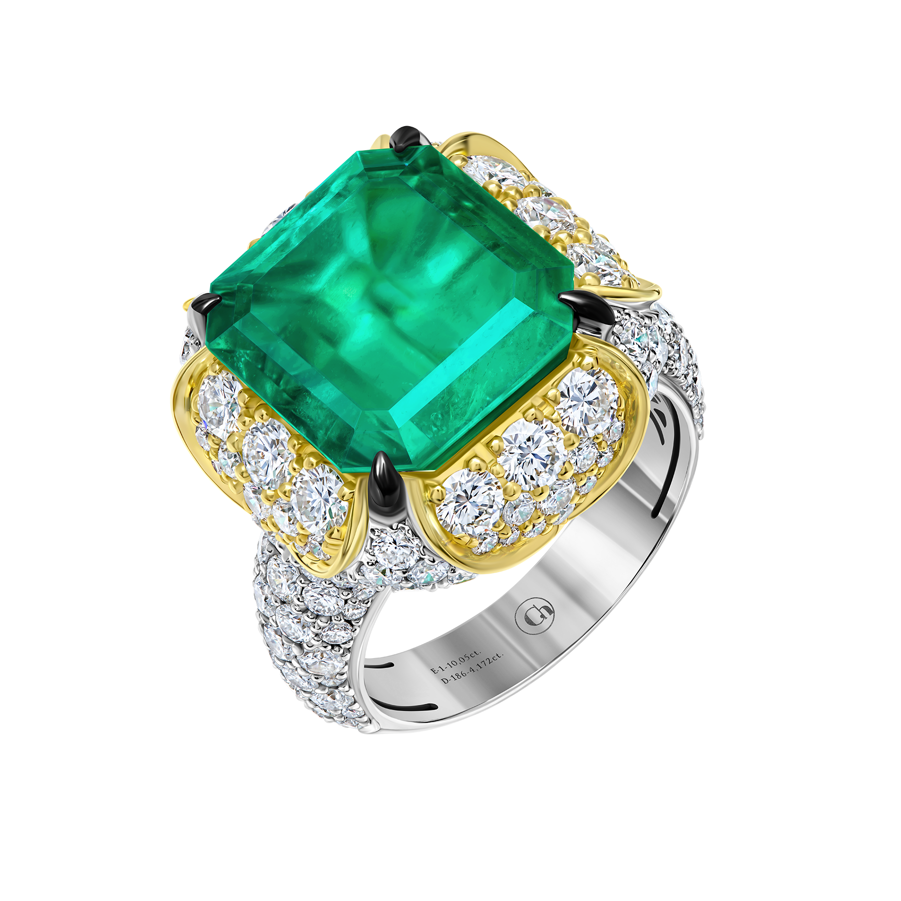 Кольцо с изумрудом и бриллиантами, белое и желтое золото