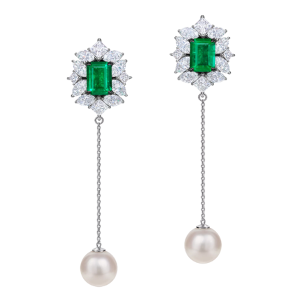 Серьги с изумрудами, бриллиантами и жемчугом, белое золото 2