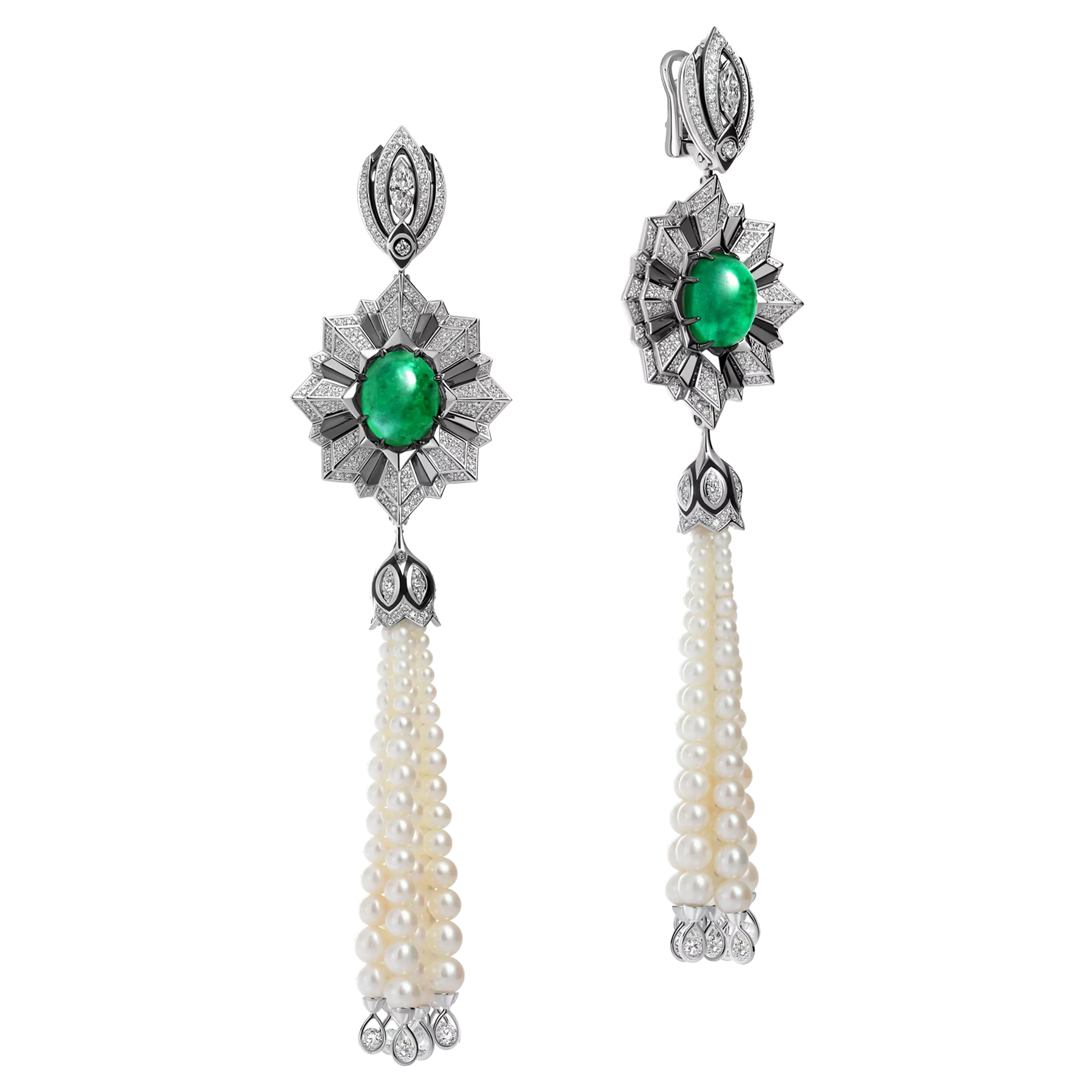 Серьги с изумрудами, бриллиантами и жемчугом, белое золото, н.керамика