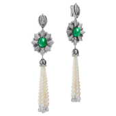 Серьги с изумрудами, бриллиантами и жемчугом, белое золото, н.керамика