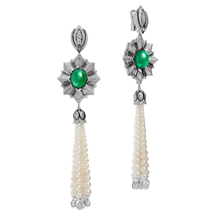 Серьги с изумрудами, бриллиантами и жемчугом, белое золото, н.керамика
