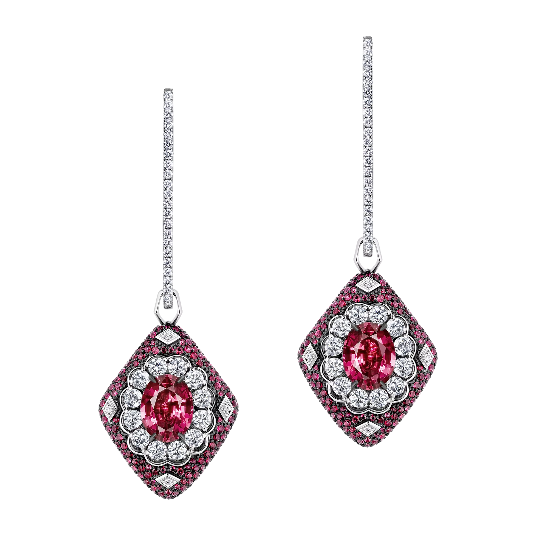 Серьги с рубеллитами, бриллиантами, сапфирами и рубинами, белое золото