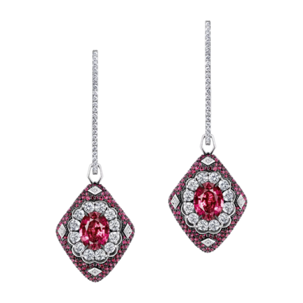 Серьги с рубеллитами, бриллиантами, сапфирами и рубинами, белое золото