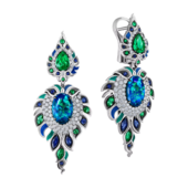 Серьги с опалами, бриллиантами, изумрудами и сапфирами, белое золото, н.керамика