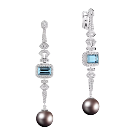 Серьги с аквамаринами, жемчугом и бриллиантами, белое золото