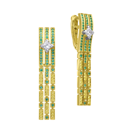 Серьги с бриллиантами и изумрудами, жёлтое золото