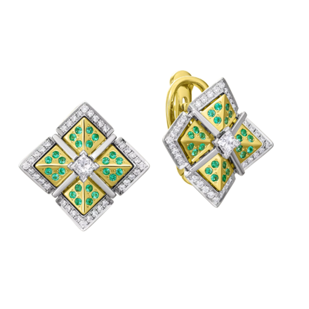 Серьги с бриллиантами и изумрудами, жёлтое золото