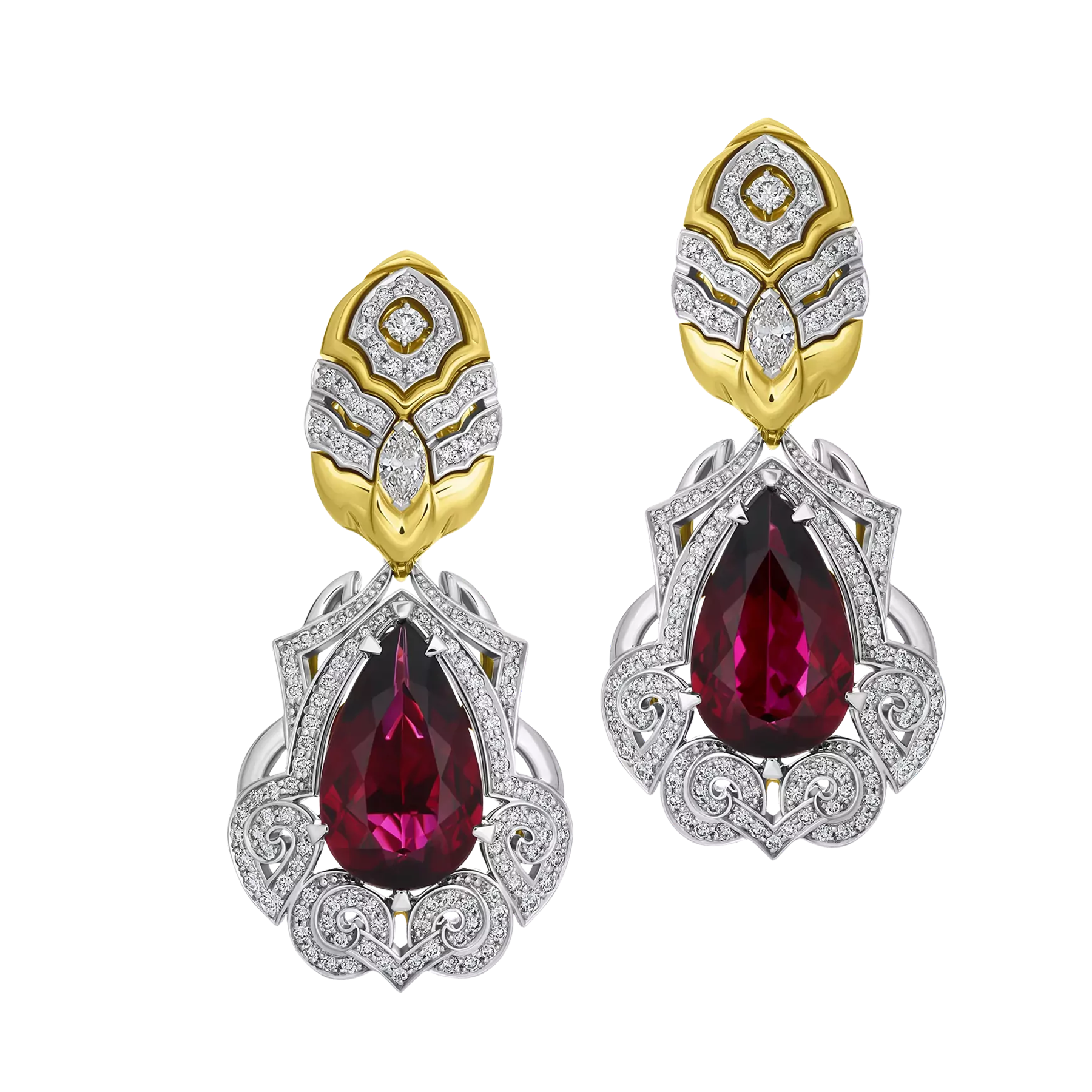 Серьги с рубеллитами и бриллиантами, желтое золото