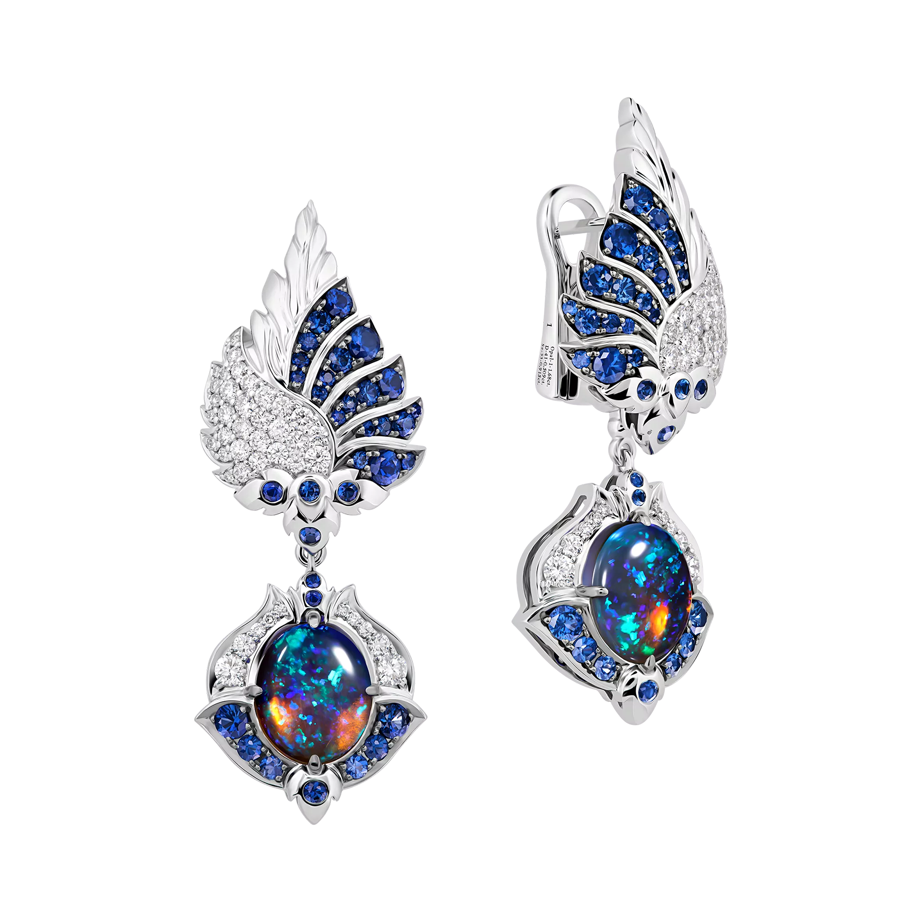 Серьги с опалами, бриллиантами и сапфирами, белое золото
