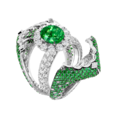 Кольцо с тсаворитами и бриллиантами, белое золото