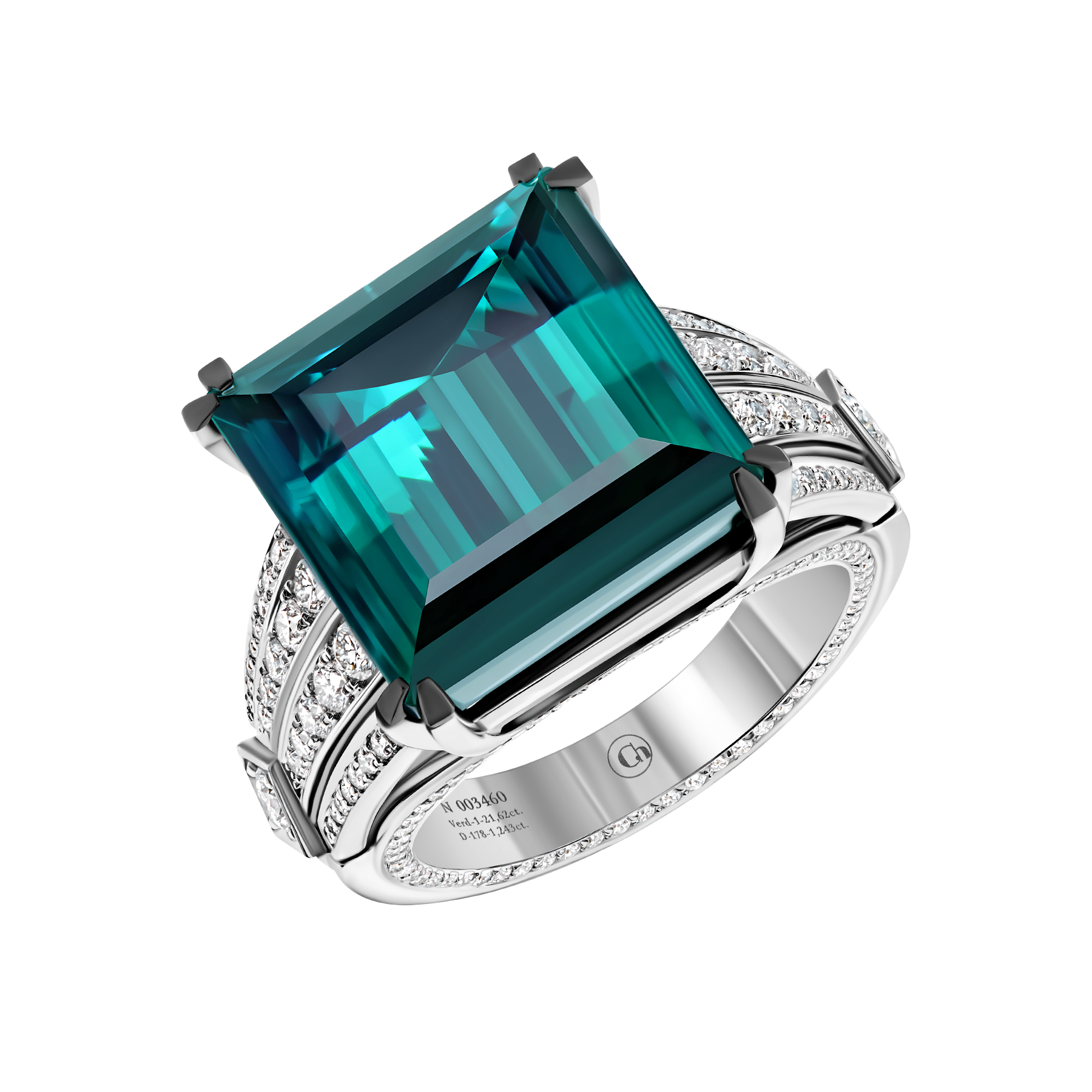 Кольцо с турмалином индиголитом и бриллиантами, белое золото