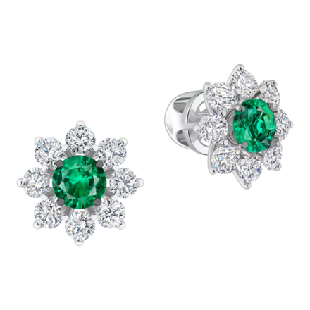 Пусеты с бриллиантами и с изумрудами, белое золото