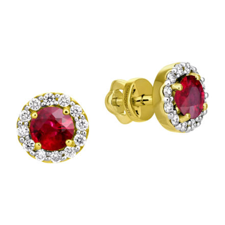 Пусеты с рубинами и бриллиантами, жёлтое золото