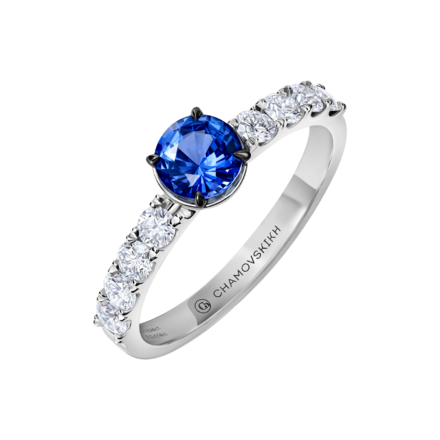 Обручальное кольцо с сапфиром и бриллиантами, белое золото