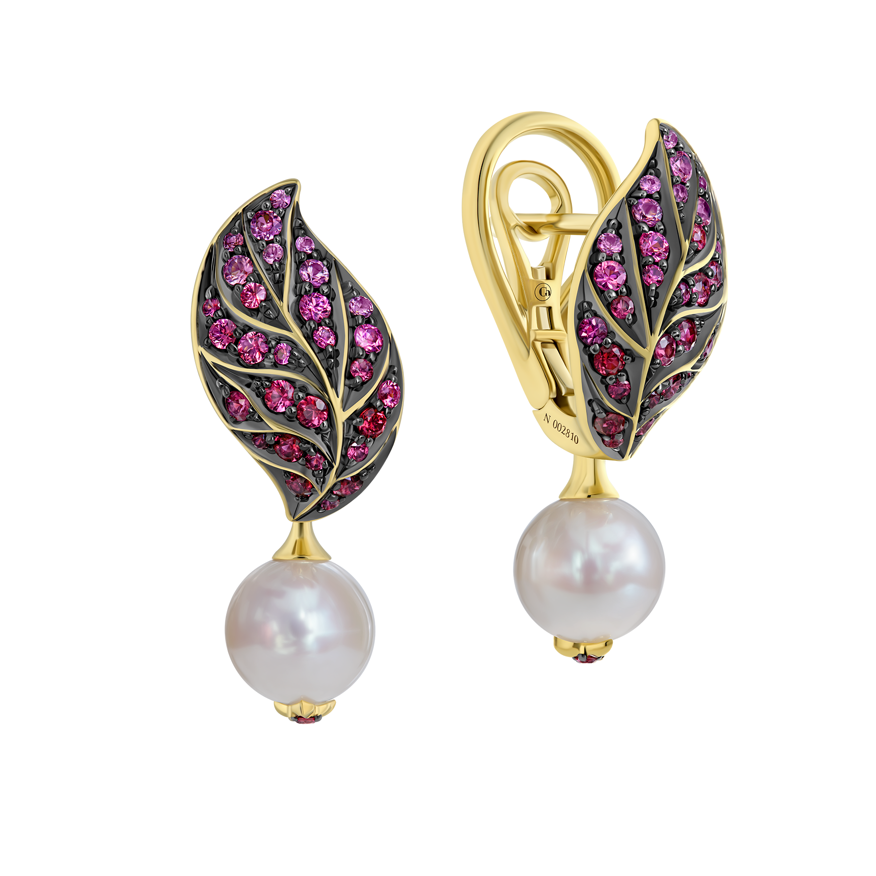 Серьги с жемчугом, рубинами и розовыми сапфирами, желтое золото