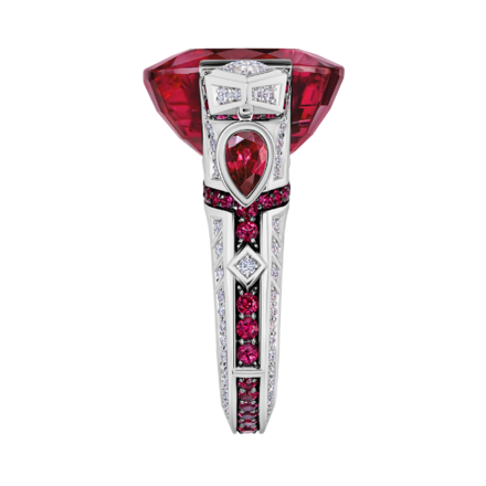 Кольцо с турмалином рубеллит, бриллиантами и рубинами, белое золото 3