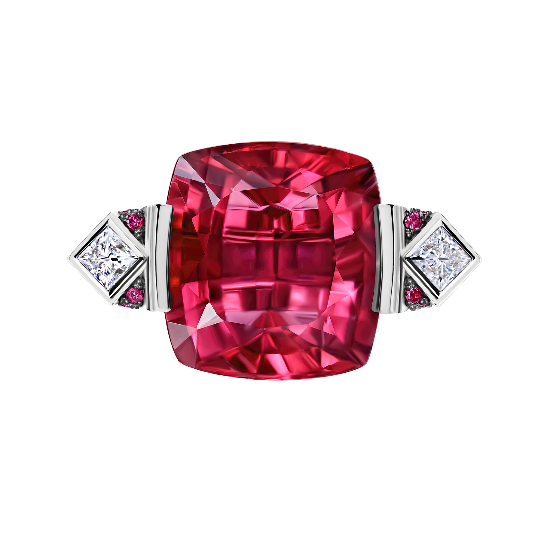 Кольцо с турмалином рубеллит, бриллиантами и рубинами, белое золото