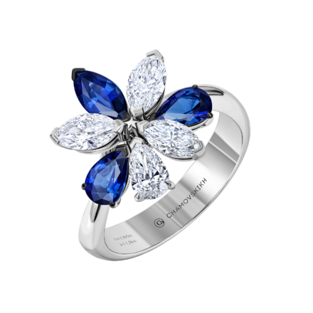 Кольцо с сапфирами и бриллиантами, белое золото