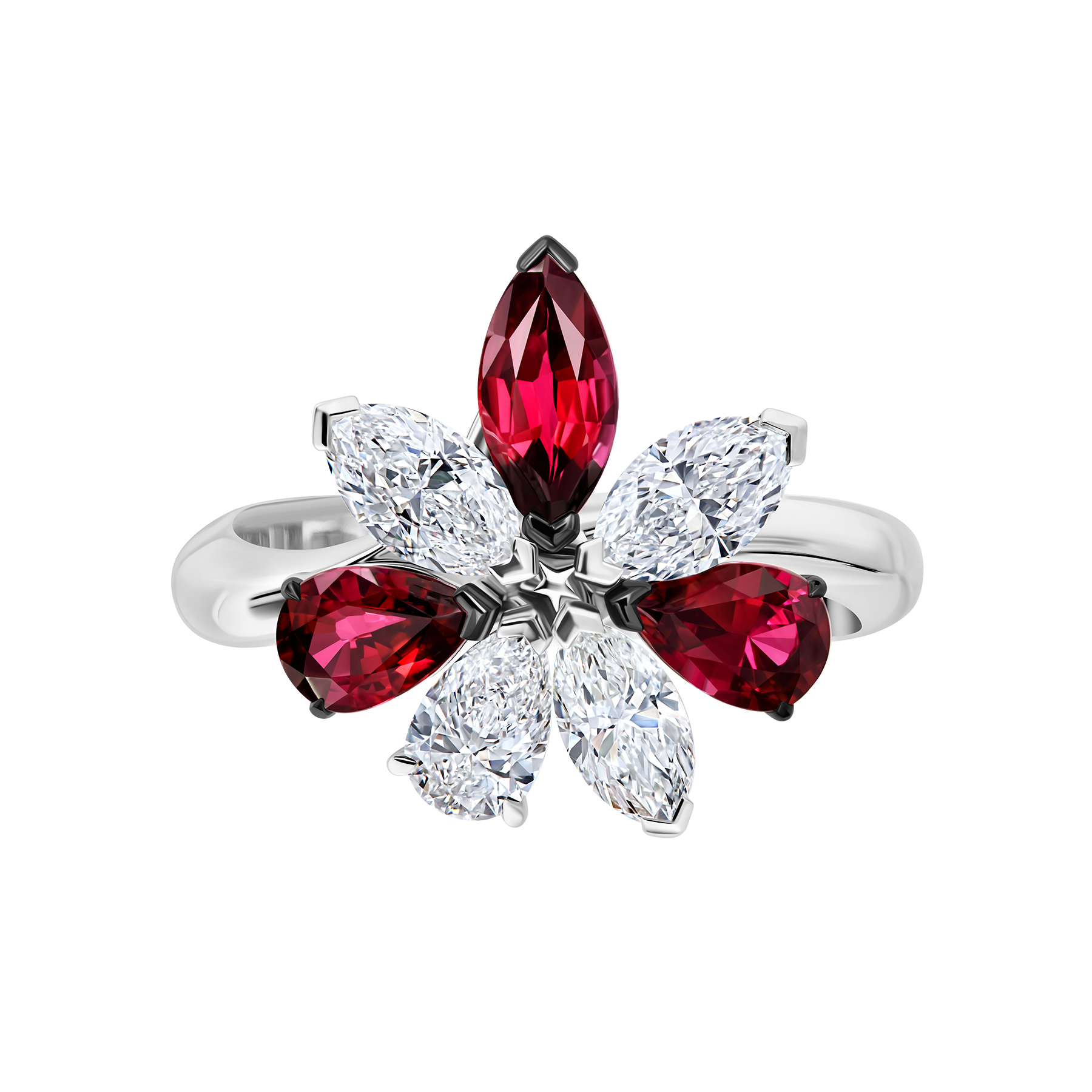 Кольцо с рубинами и бриллиантами, белое золото