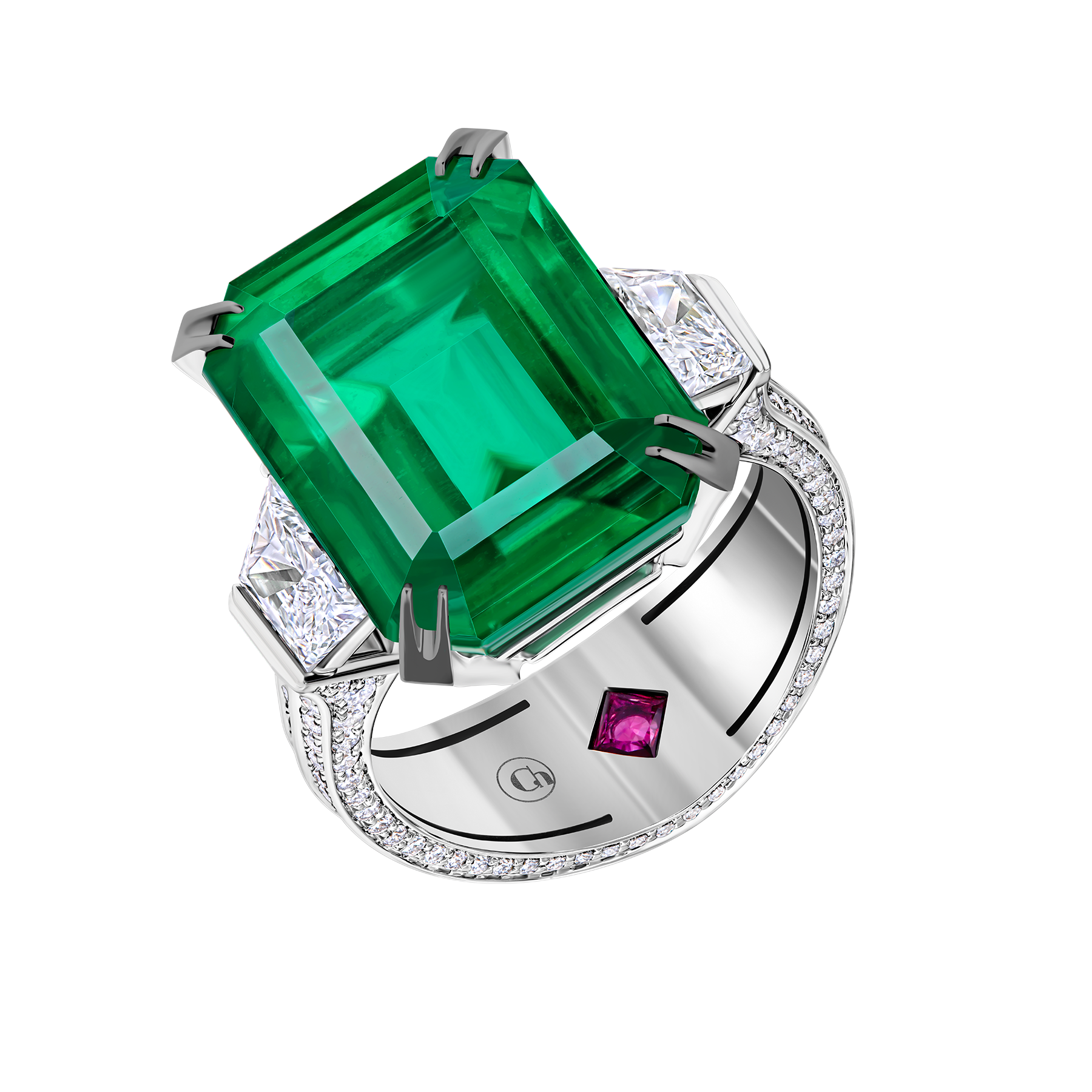 Кольцо с изумрудом, бриллиантами и рубином, белое золото