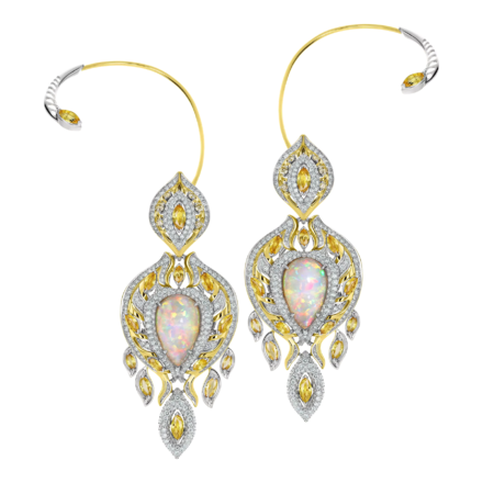 Серьги с опалами, бриллиантами и сапфирами, желтое золото, н.керамика