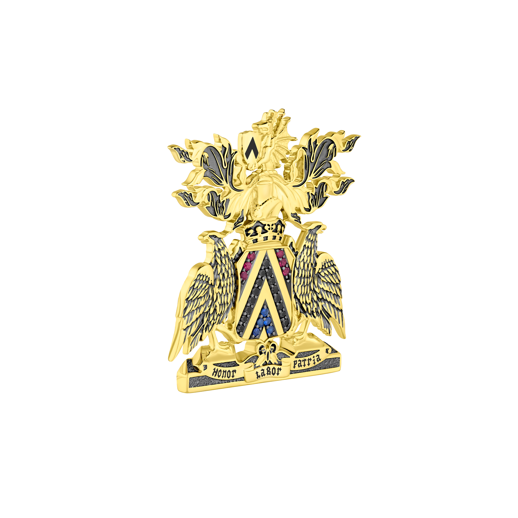 Нагрудный знак с черными бриллиантами, рубинами и сапфирами, желтое золото, н. керамика