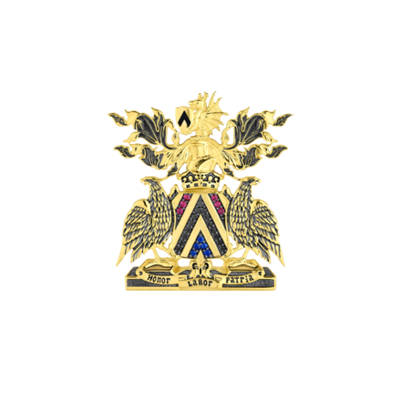 Нагрудный знак с черными бриллиантами, рубинами и сапфирами, желтое золото, н. керамика