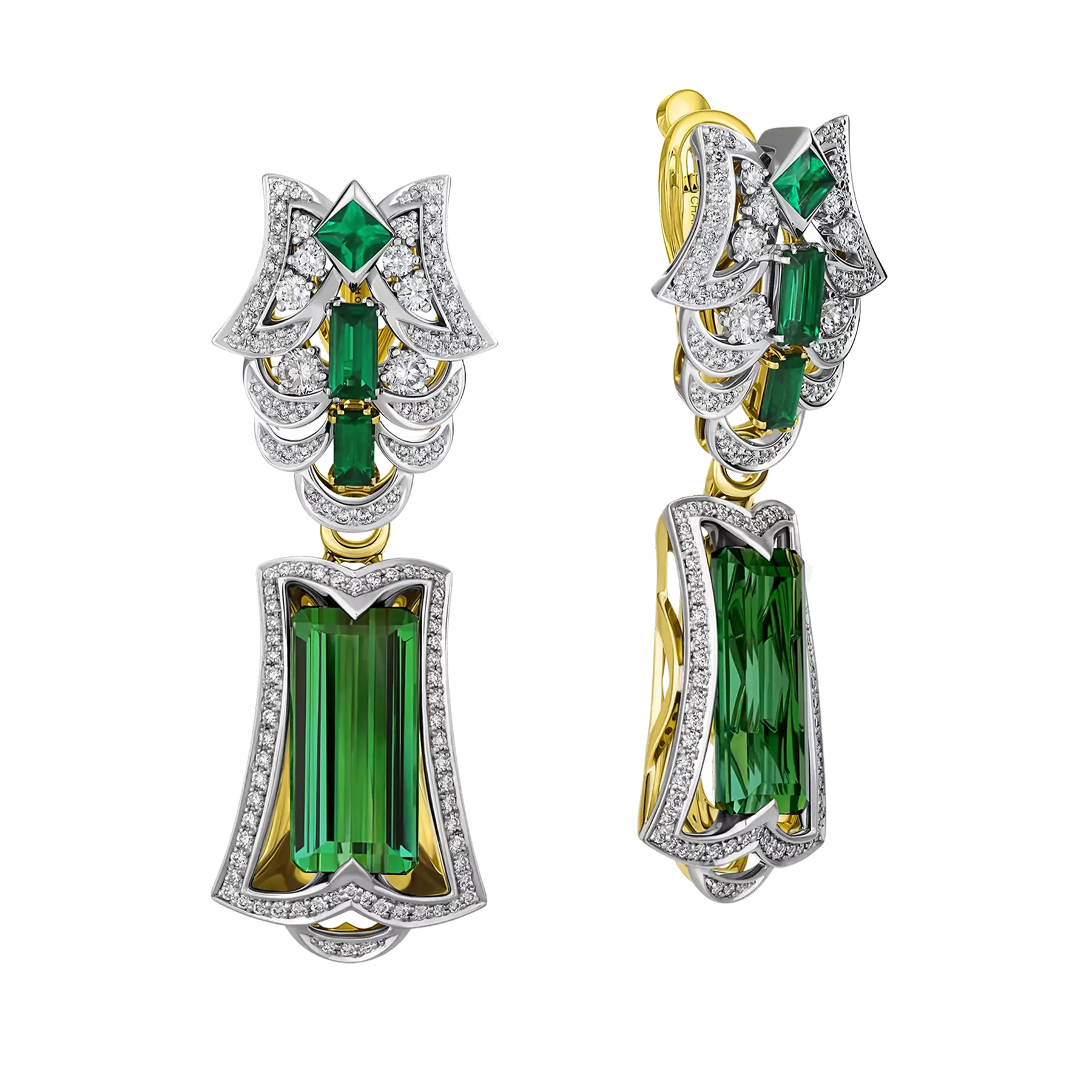 Серьги с турмалинами верделитами, бриллиантами и изумрудами, жёлтое и белое золото