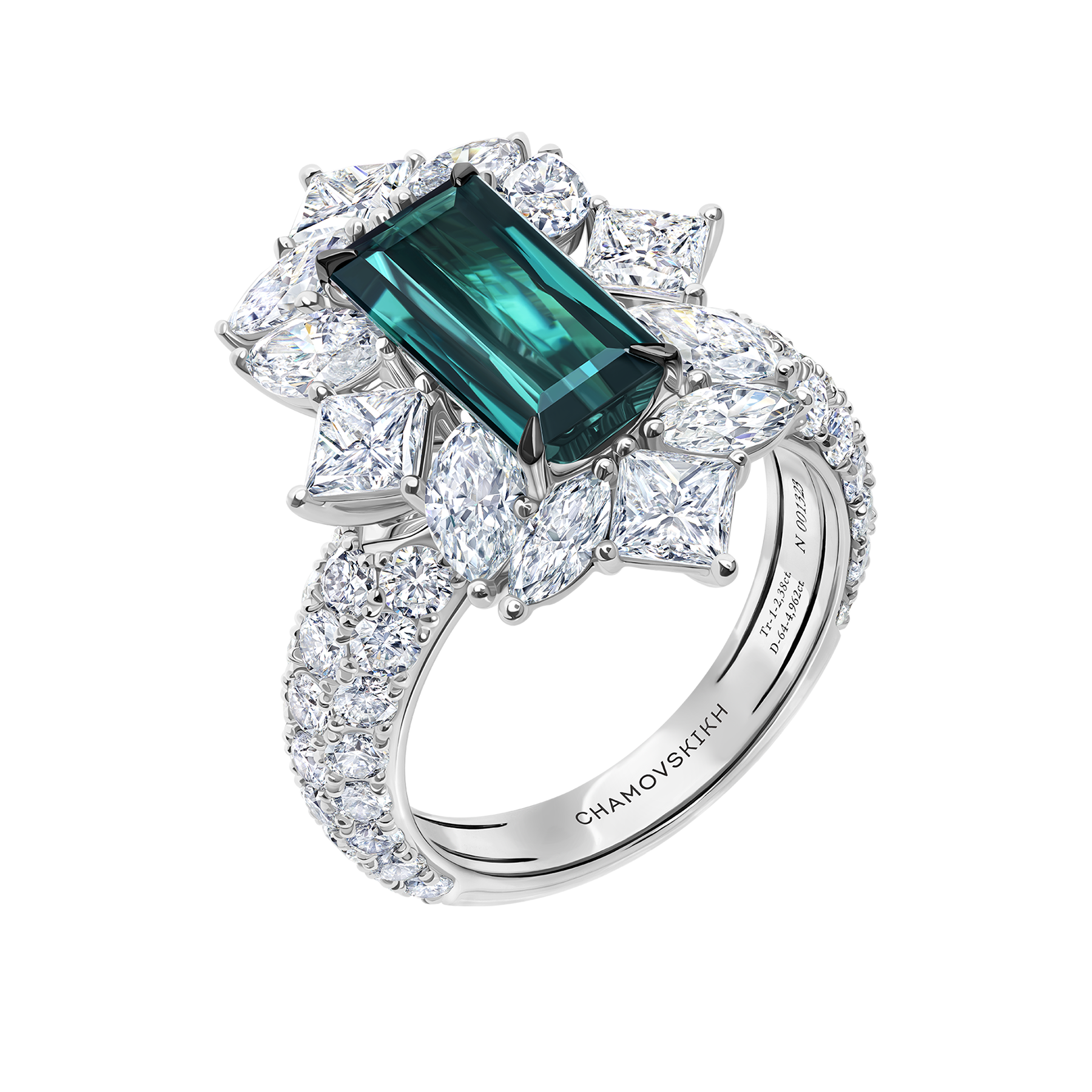 Кольцо с турмалином индиголитом и бриллиантами, белое золото