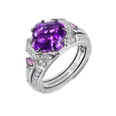 Кольцо с аметистом, бриллиантами и розовыми сапфирами, белое золото