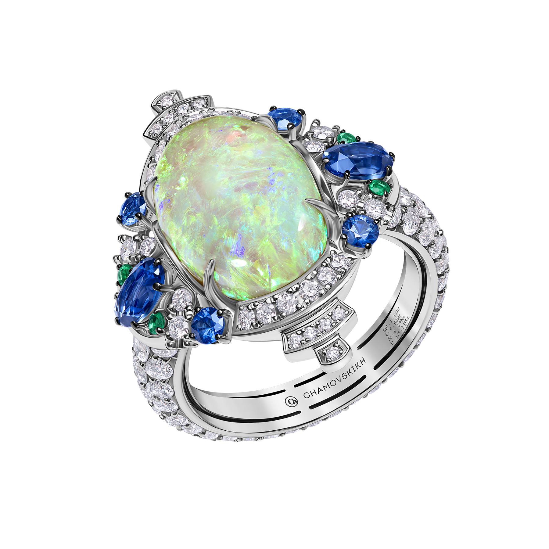 Кольцо с опалом, бриллиантами, сапфирами и изумрудами, белое золото