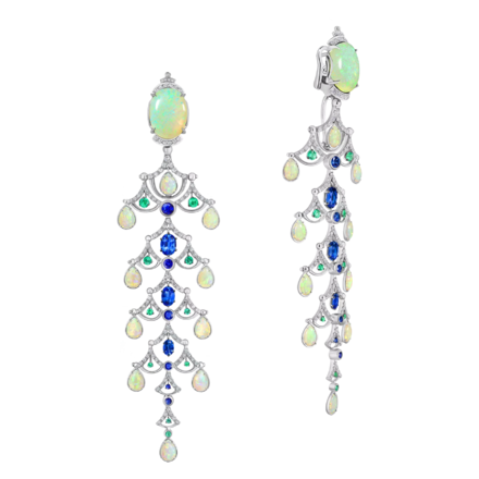 Серьги с опалами, бриллиантами, сапфирами и изумрудами, белое золото