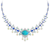 Колье с опалами, сапфирами, изумрудами и бриллиантами, белое золото