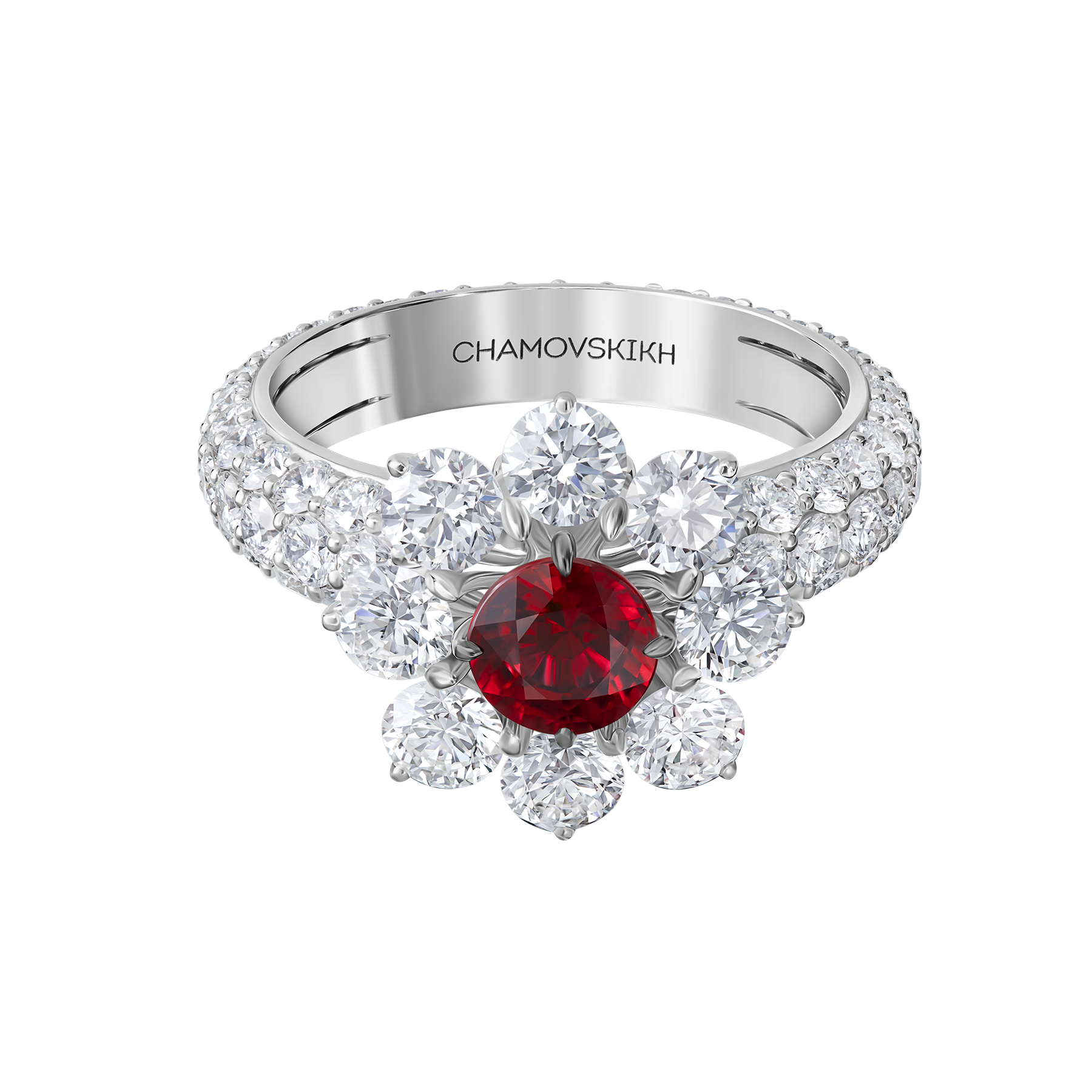 Кольцо с рубином и бриллиантами, белое золото