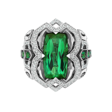 Кольцо с турмалином верделит, бриллиантами и изумрудами, белое золото 2