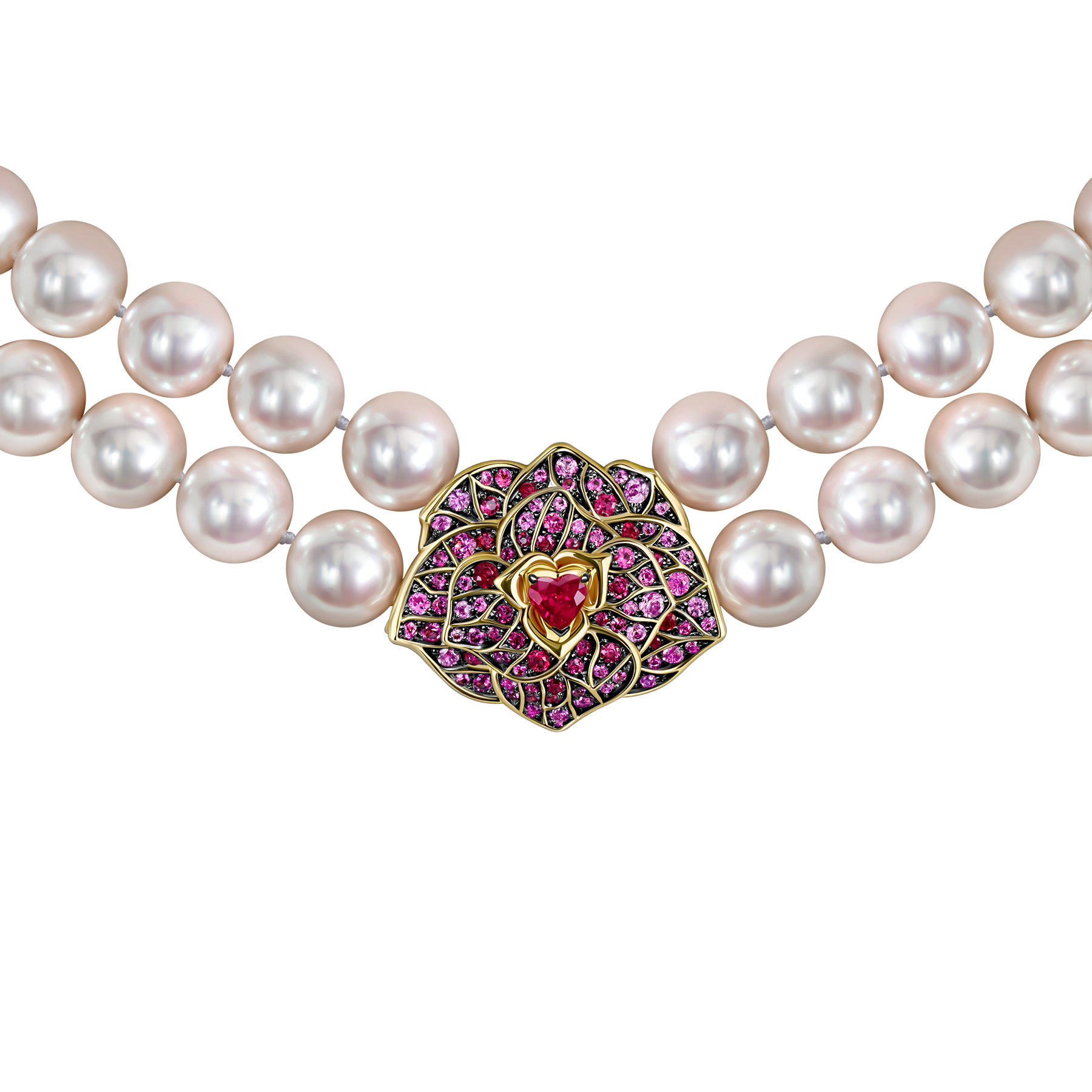 Колье с рубинами, розовыми сапфирами и жемчугом, желтое золото, нанокерамика