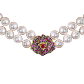 Колье с рубинами, розовыми сапфирами и жемчугом, желтое золото, нанокерамика
