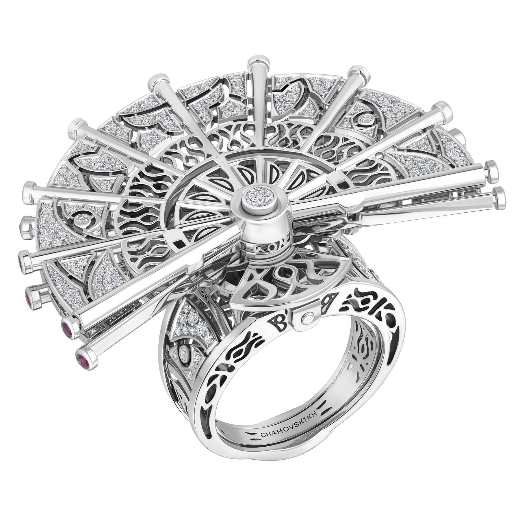 Кольцо с бриллиантами и рубинами, белое золото