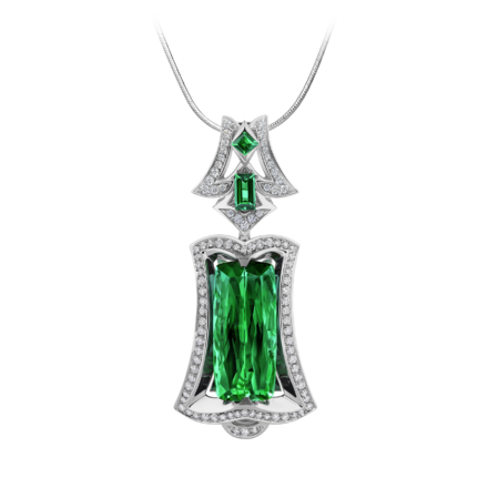 Подвес с турмалином, изумрудами и бриллиантами, белое золото