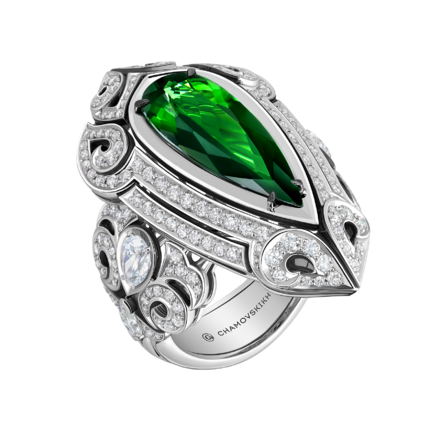 Кольцо с турмалином верделитом и бриллиантами, белое золото
