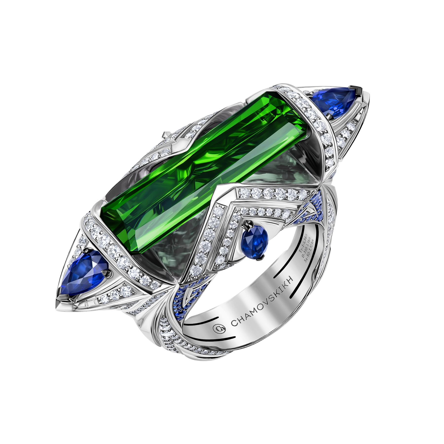 Кольцо с турмалином верделит, бриллиантами и сапфирами, белое золото