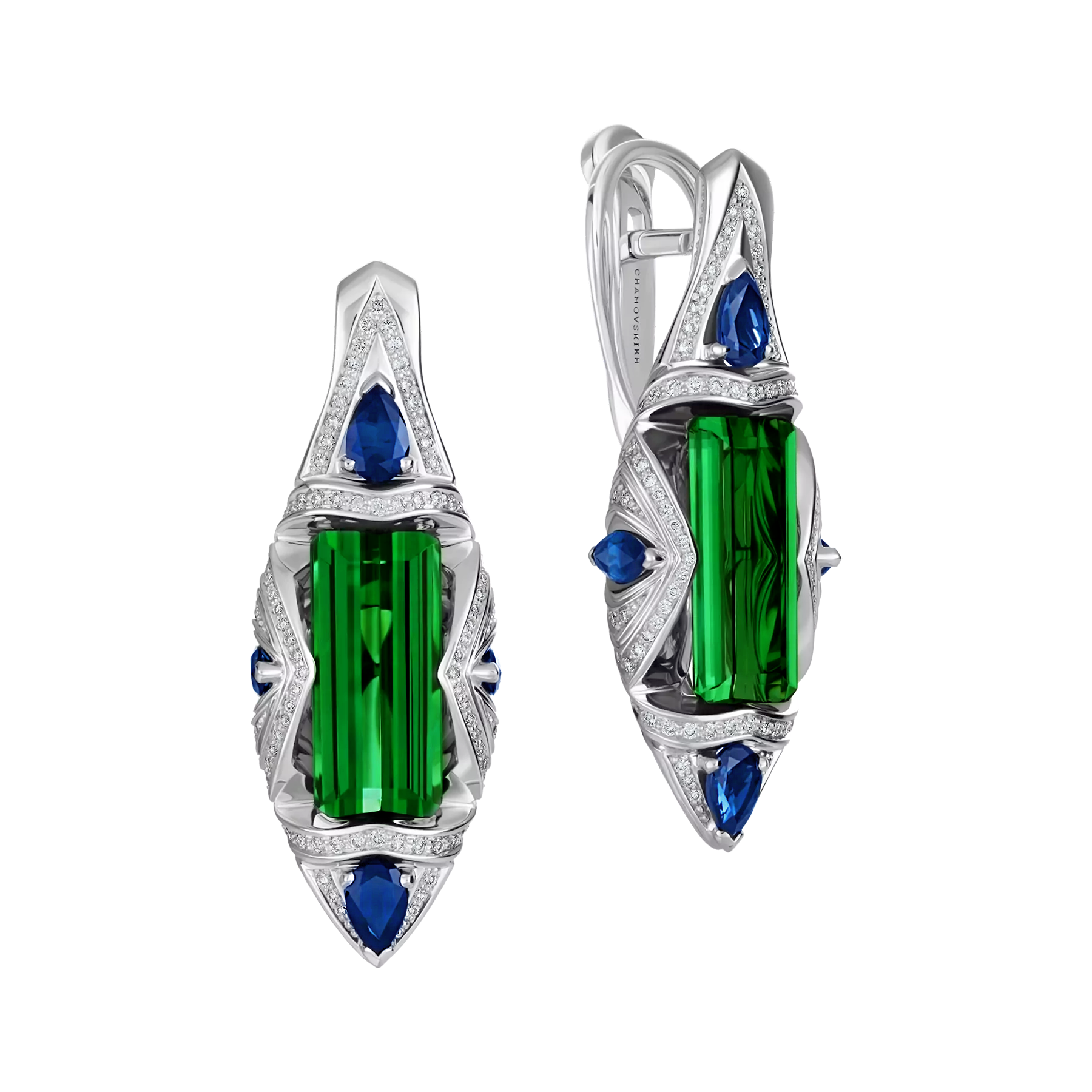 Серьги с верделитами и бриллиантами, белое золото