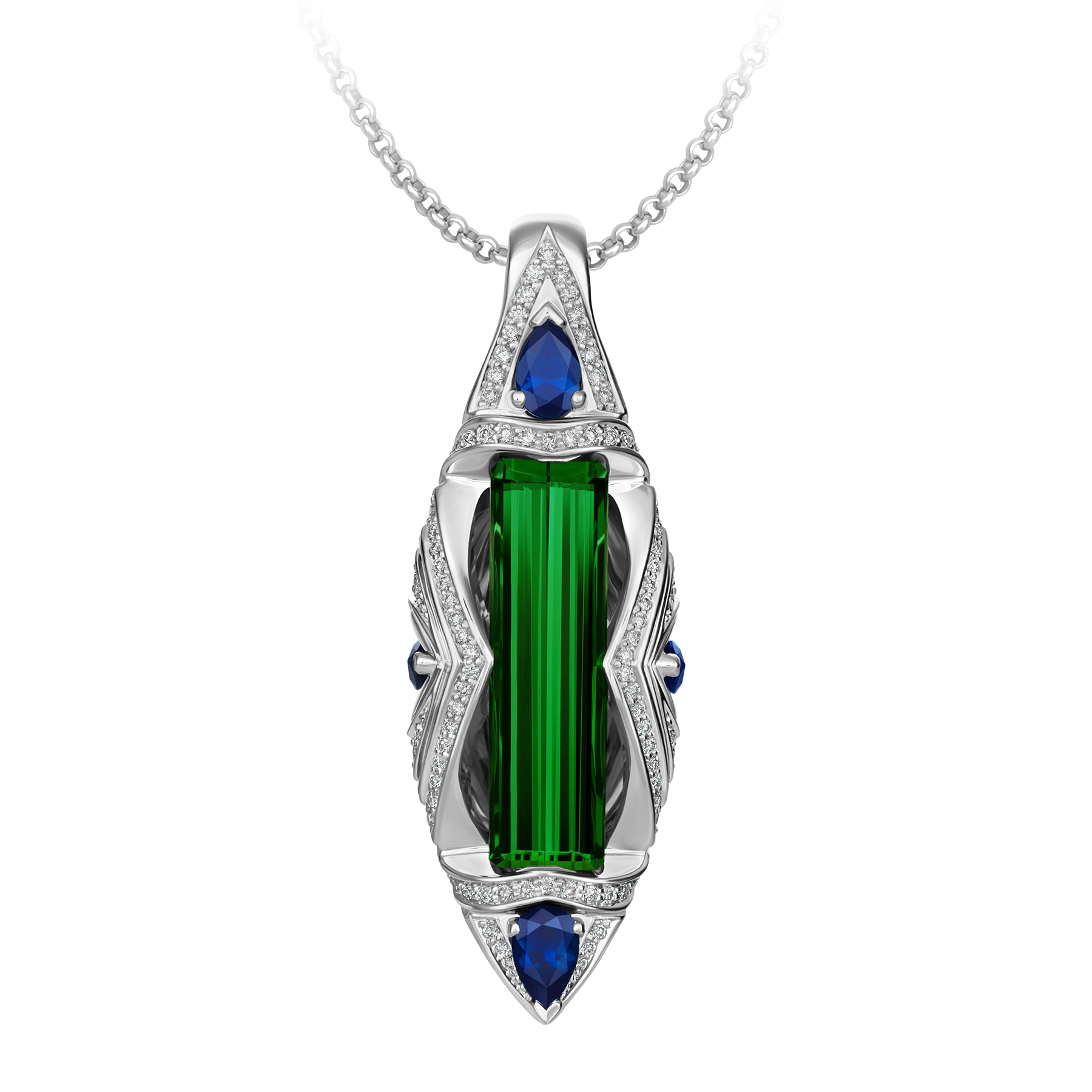 Подвес с турмалином верделит, бриллиантами и сапфирами, белое золото
