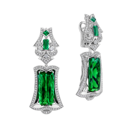 Серьги с турмалинами верделитами, бриллиантами и изумрудами, белое золото