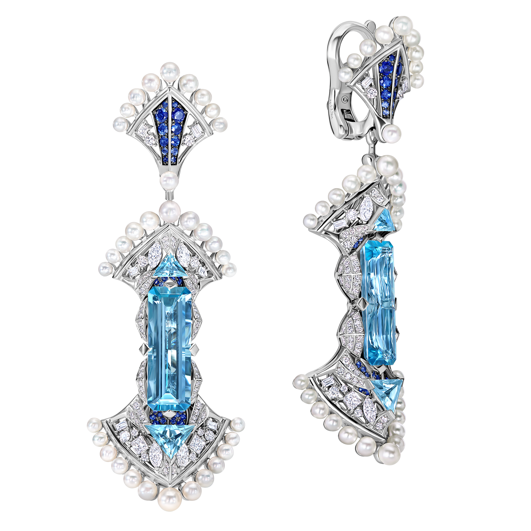 Серьги с аквамаринами, бриллиантами, сапфирами и жемчугом, белое золото, н.керамика